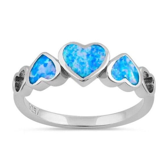 925 STERLING SILVER Lab Created Blue Lavender Fire Opal Hears Ring - Picture 12 of 14